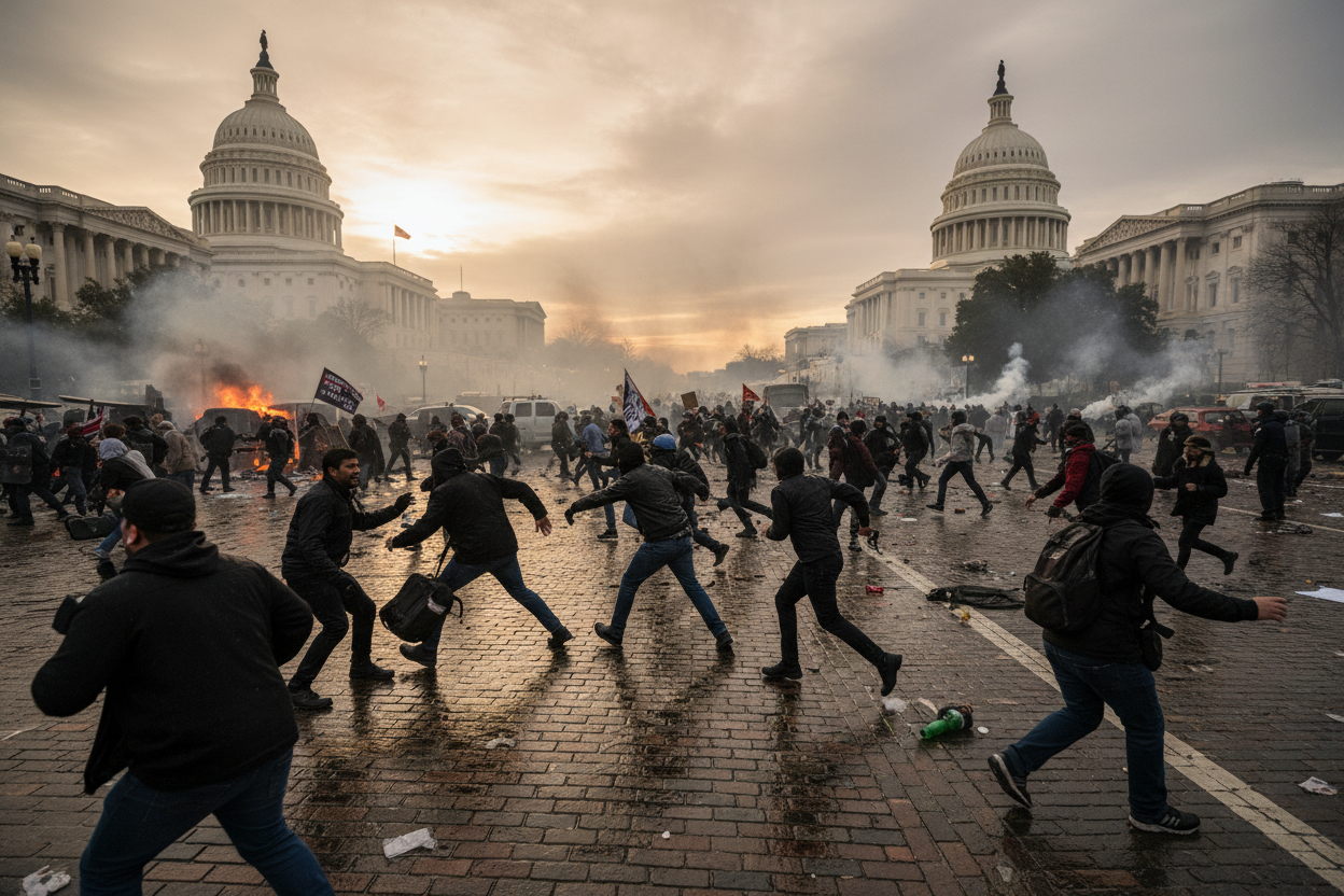 large croud protesting running from the police washington revolution